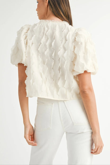 Textured Scallop Puff Sleeve Blouse Top — Elegant Modern Feminine Versatile Everyday Style - Blouses