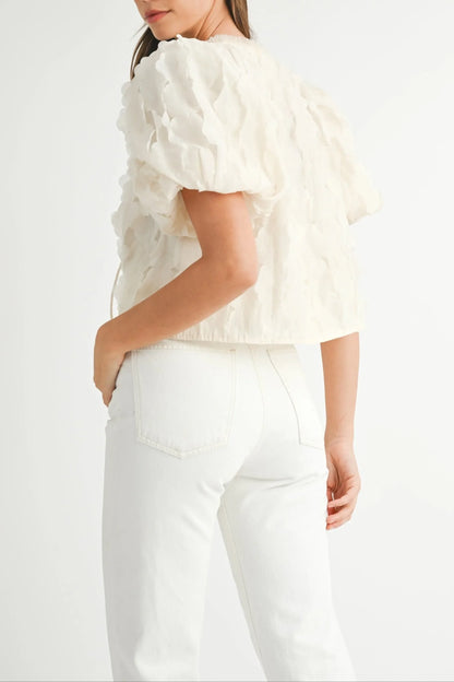 Textured Scallop Puff Sleeve Blouse Top — Elegant Modern Feminine Versatile Everyday Style - Blouses