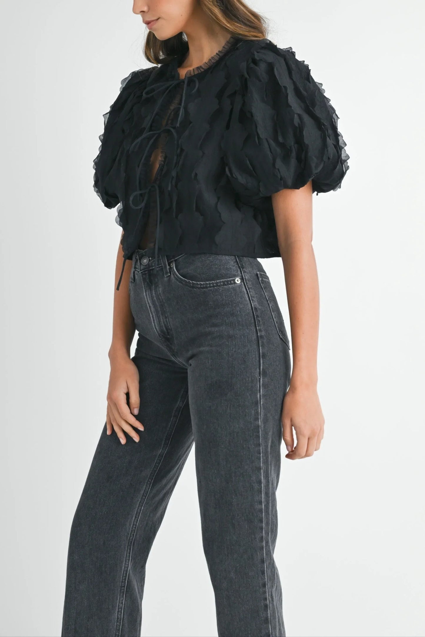 Textured Scallop Puff Sleeve Blouse Top — Elegant Modern Feminine Versatile Everyday Style - Blouses