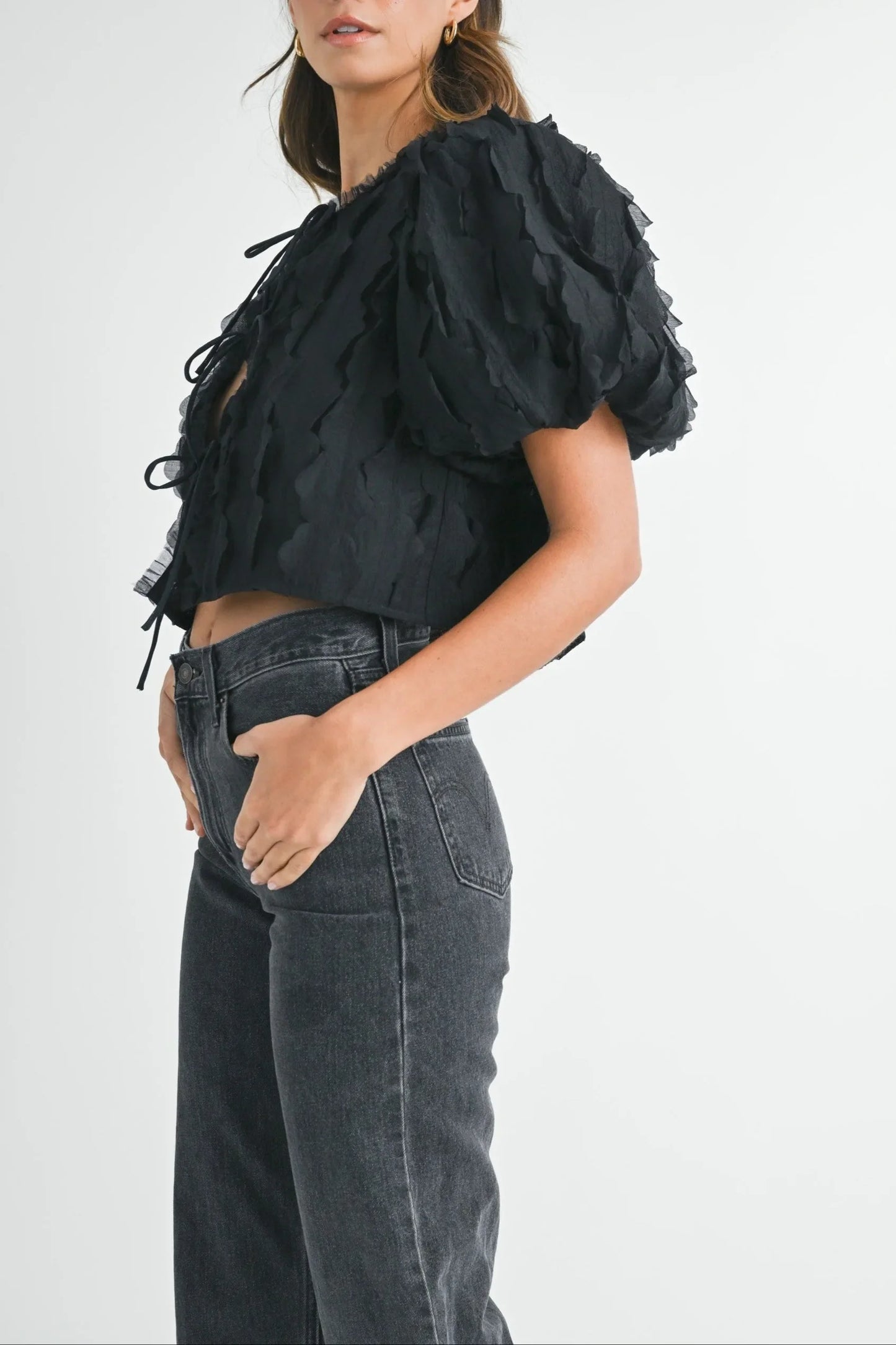 Textured Scallop Puff Sleeve Blouse Top — Elegant Modern Feminine Versatile Everyday Style - Blouses