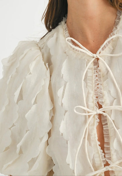 Textured Scallop Puff Sleeve Blouse Top — Elegant Modern Feminine Versatile Everyday Style - Blouses