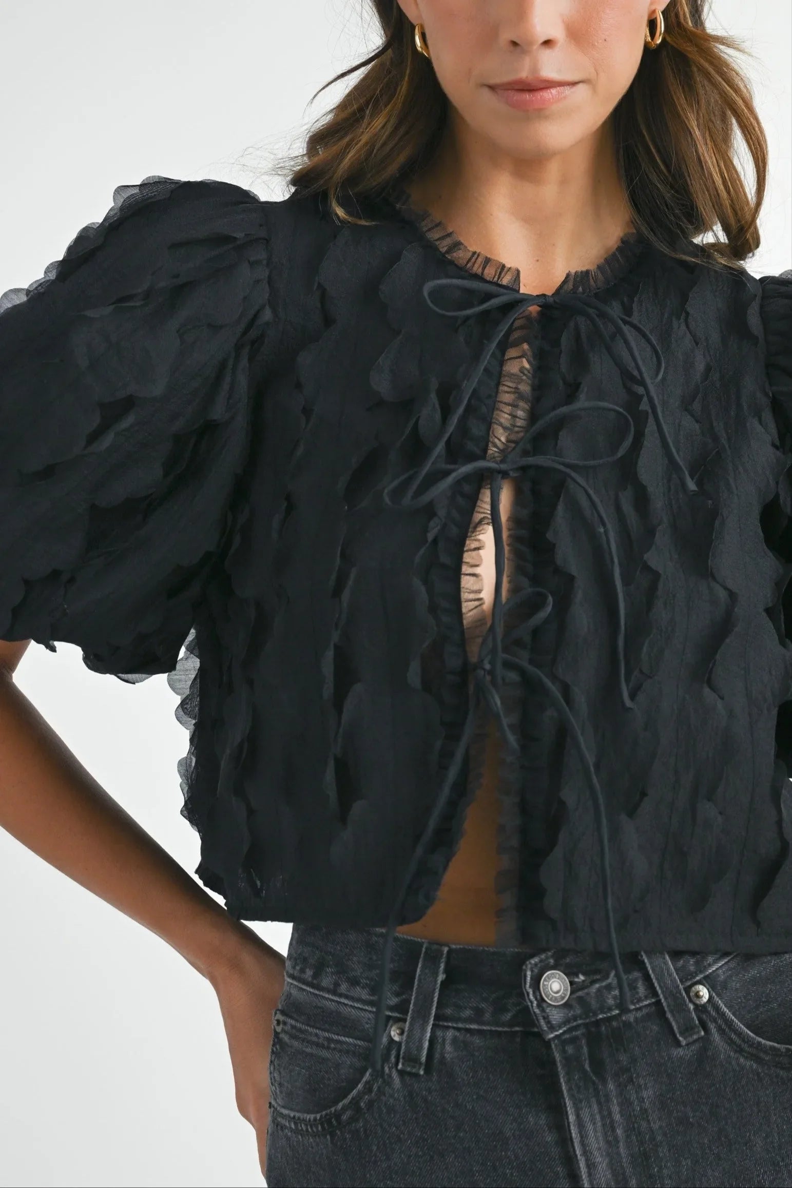 Textured Scallop Puff Sleeve Blouse Top — Elegant Modern Feminine Versatile Everyday Style - Black Blouses