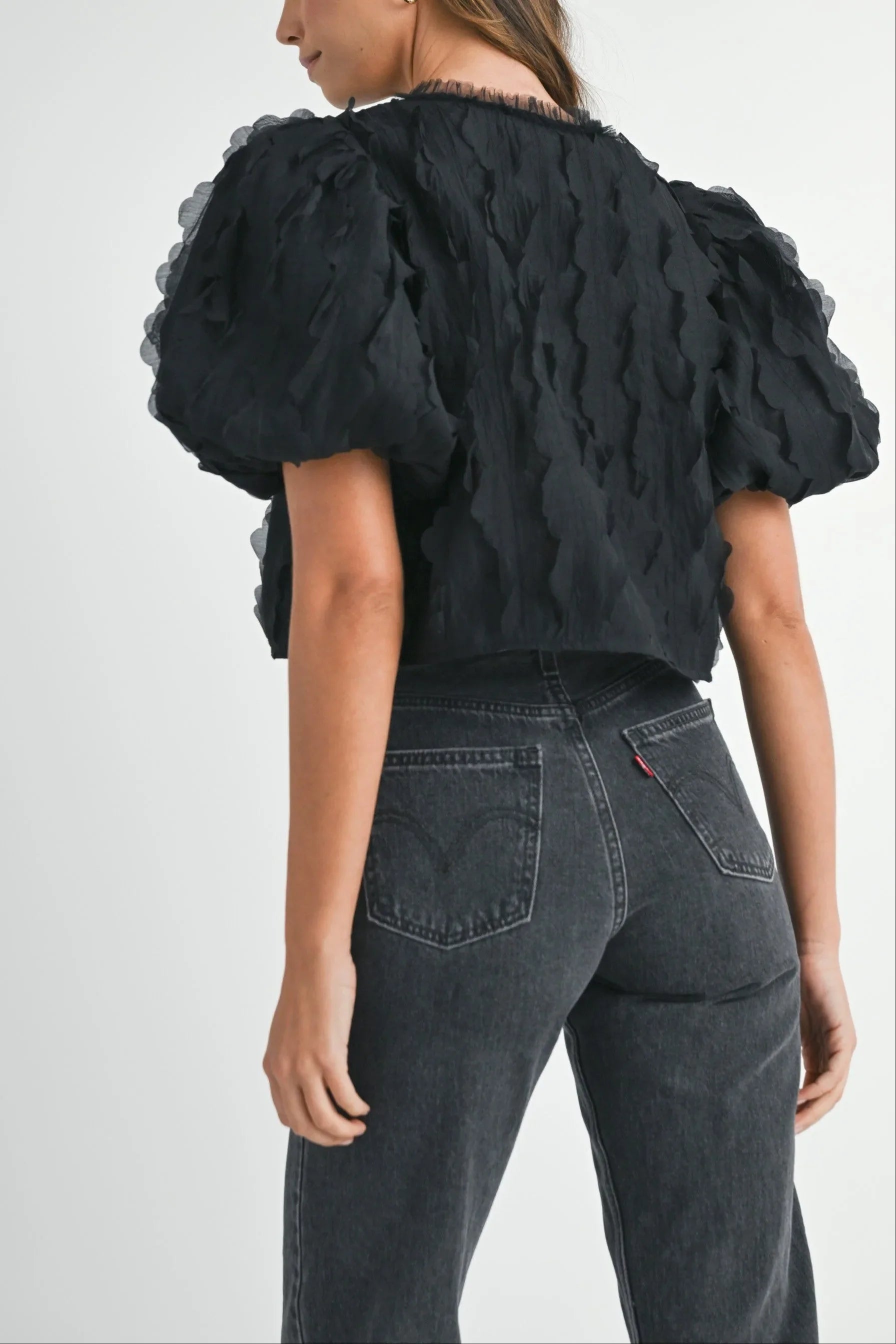 Textured Scallop Puff Sleeve Blouse Top — Elegant Modern Feminine Versatile Everyday Style - Blouses