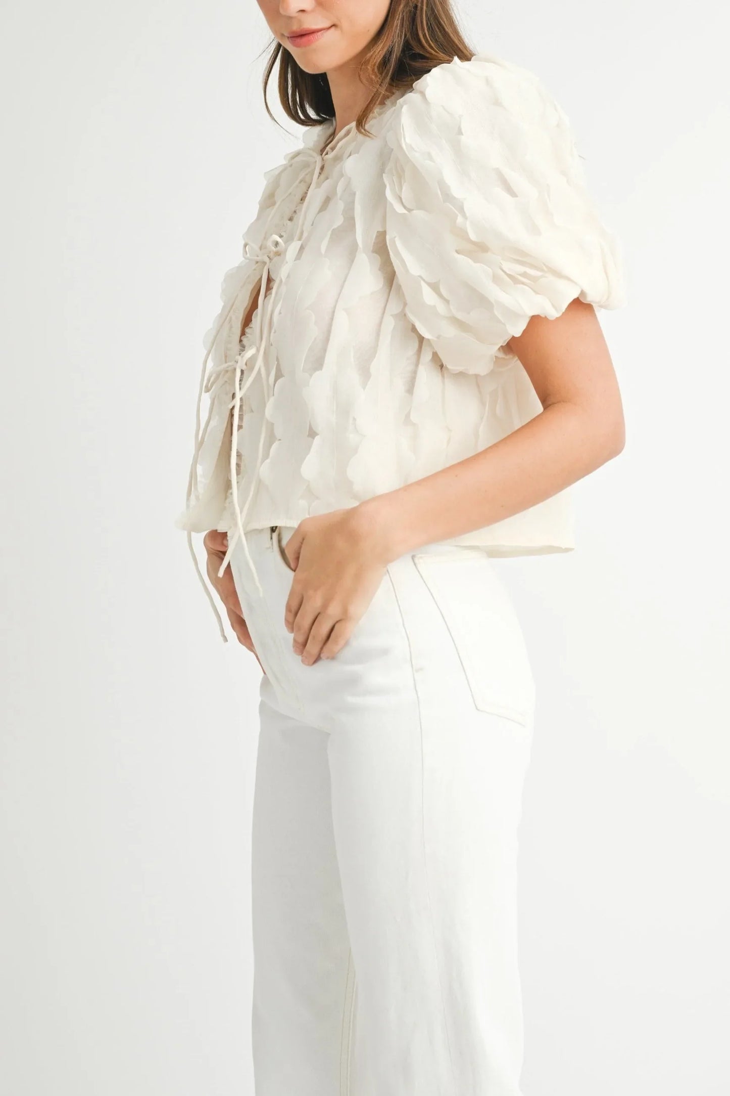 Textured Scallop Puff Sleeve Blouse Top — Elegant Modern Feminine Versatile Everyday Style - Blouses