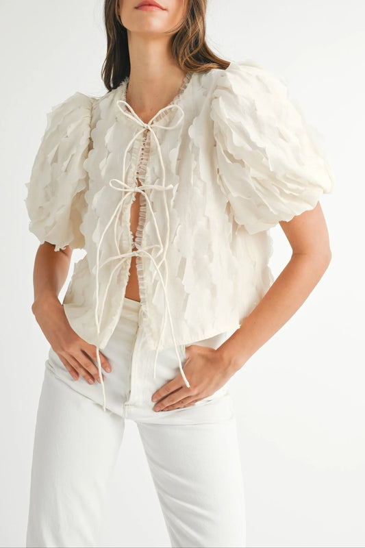 Textured Scallop Puff Sleeve Blouse Top — Elegant Modern Feminine Versatile Everyday Style - Blouses