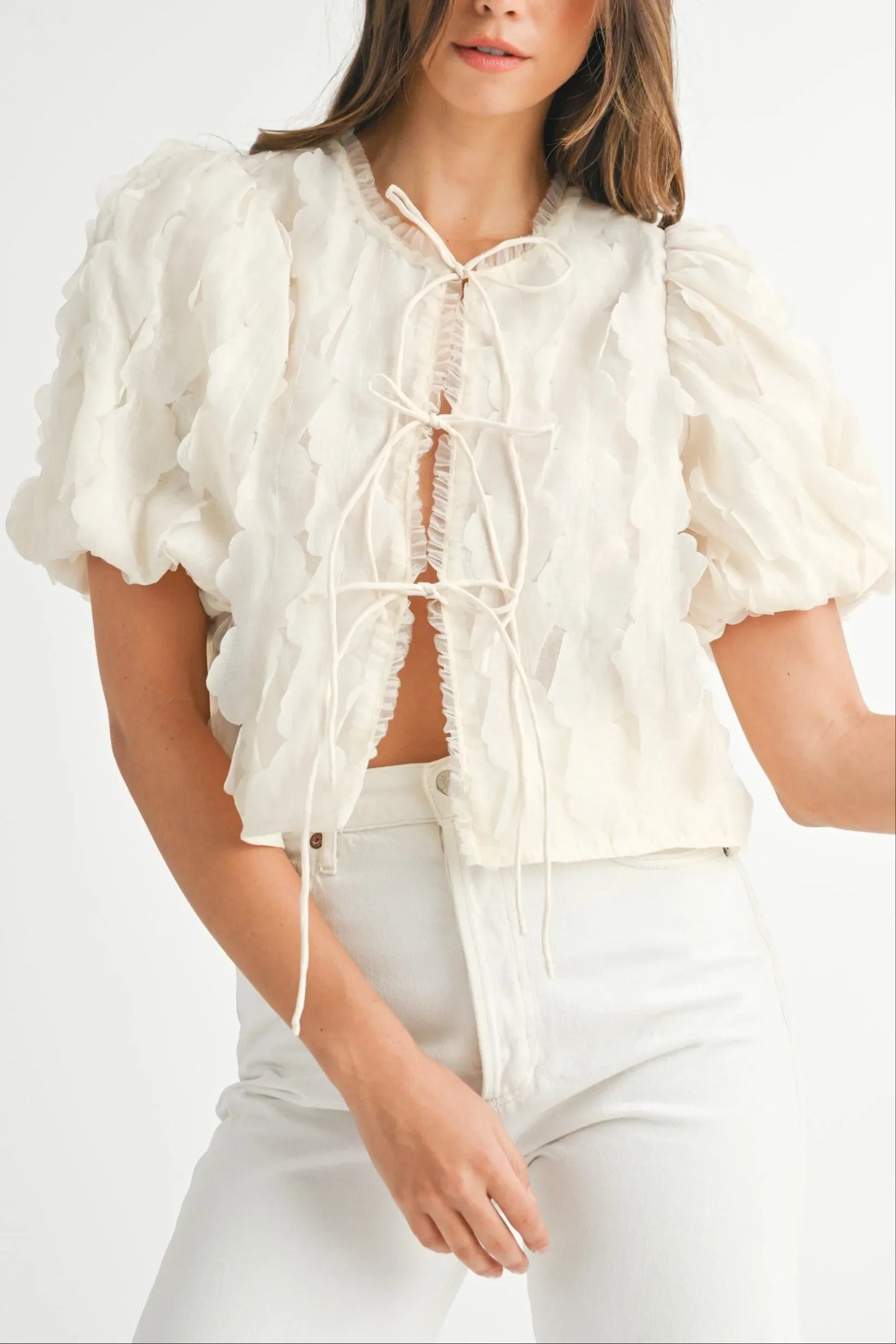 Textured Scallop Puff Sleeve Blouse Top — Elegant Modern Feminine Versatile Everyday Style - Blouses