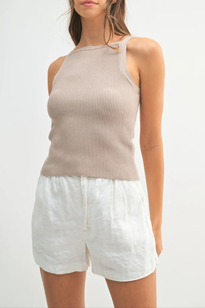 Ribbed Knit High Neck Sleeveless Top — Chic Versatile Flattering Everyday Style - Lt Taupe Tank Tops