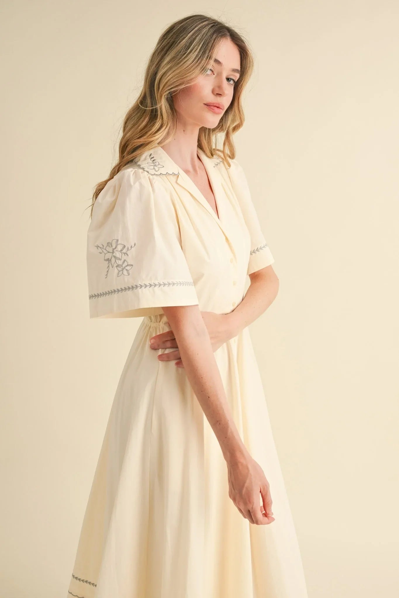 Floral Embroidered Maxi Dress with Button-Down Front - Maxi Dresses