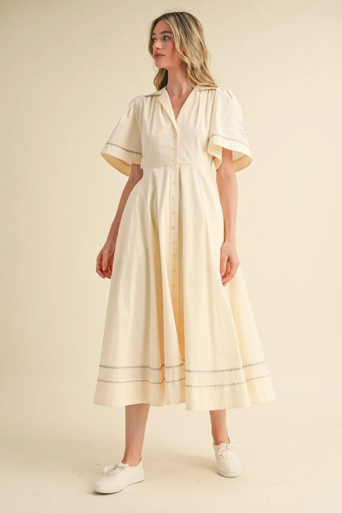Floral Embroidered Maxi Dress with Button-Down Front - Maxi Dresses