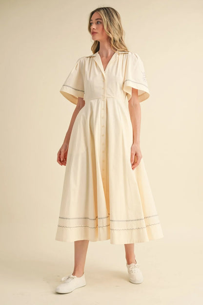 Floral Embroidered Maxi Dress with Button-Down Front - Maxi Dresses
