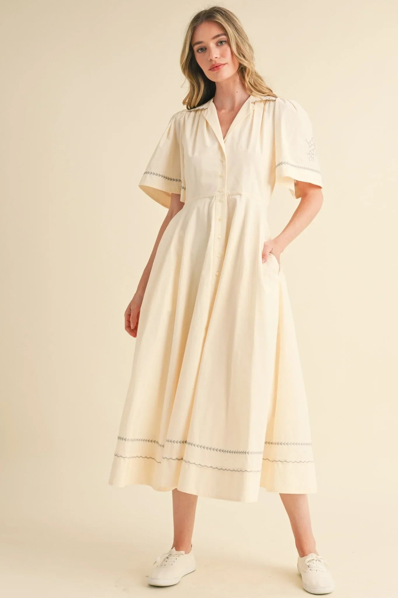 Floral Embroidered Maxi Dress with Button-Down Front - Almond Cream Maxi Dresses