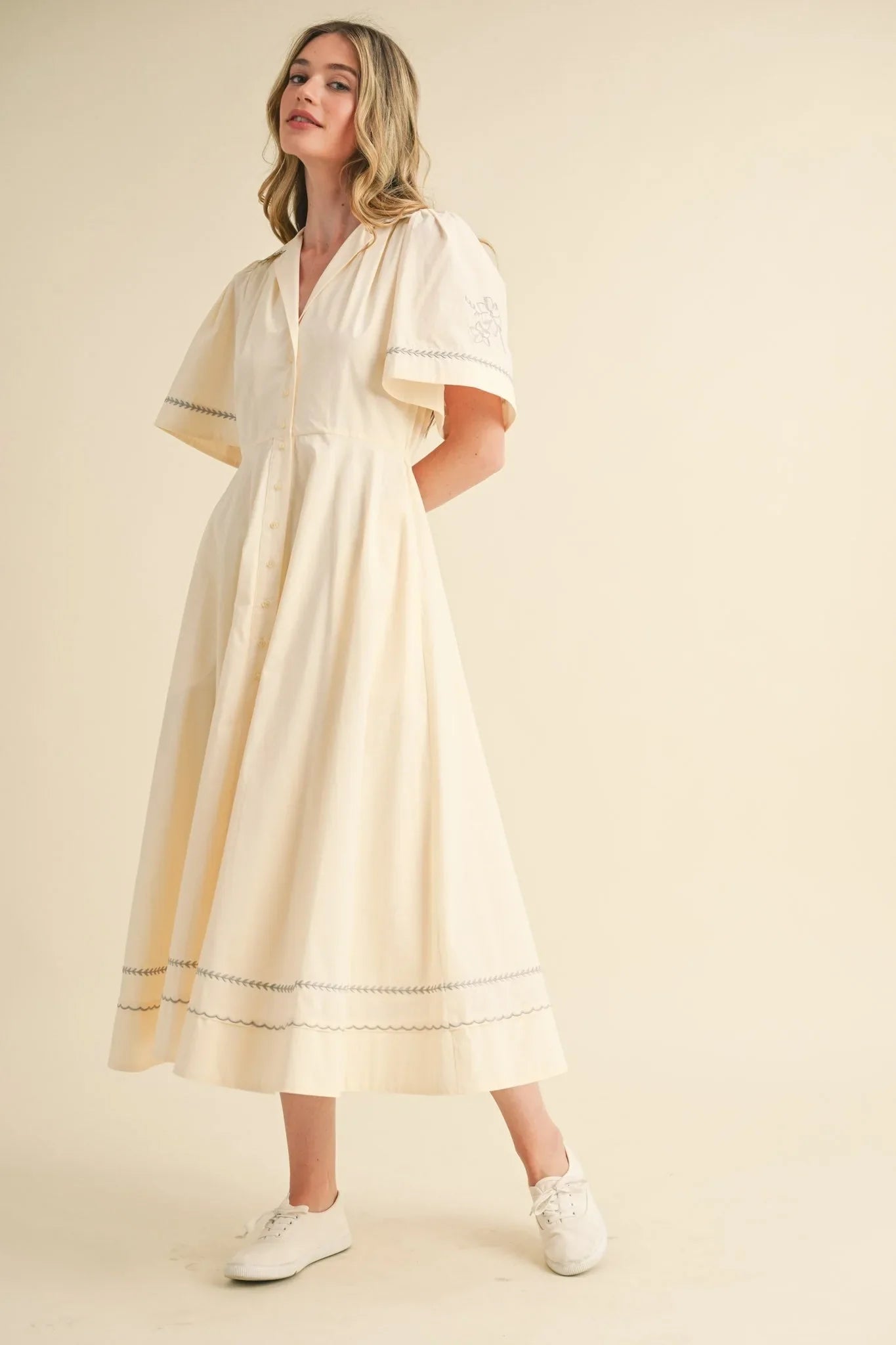 Floral Embroidered Maxi Dress with Button-Down Front - Maxi Dresses