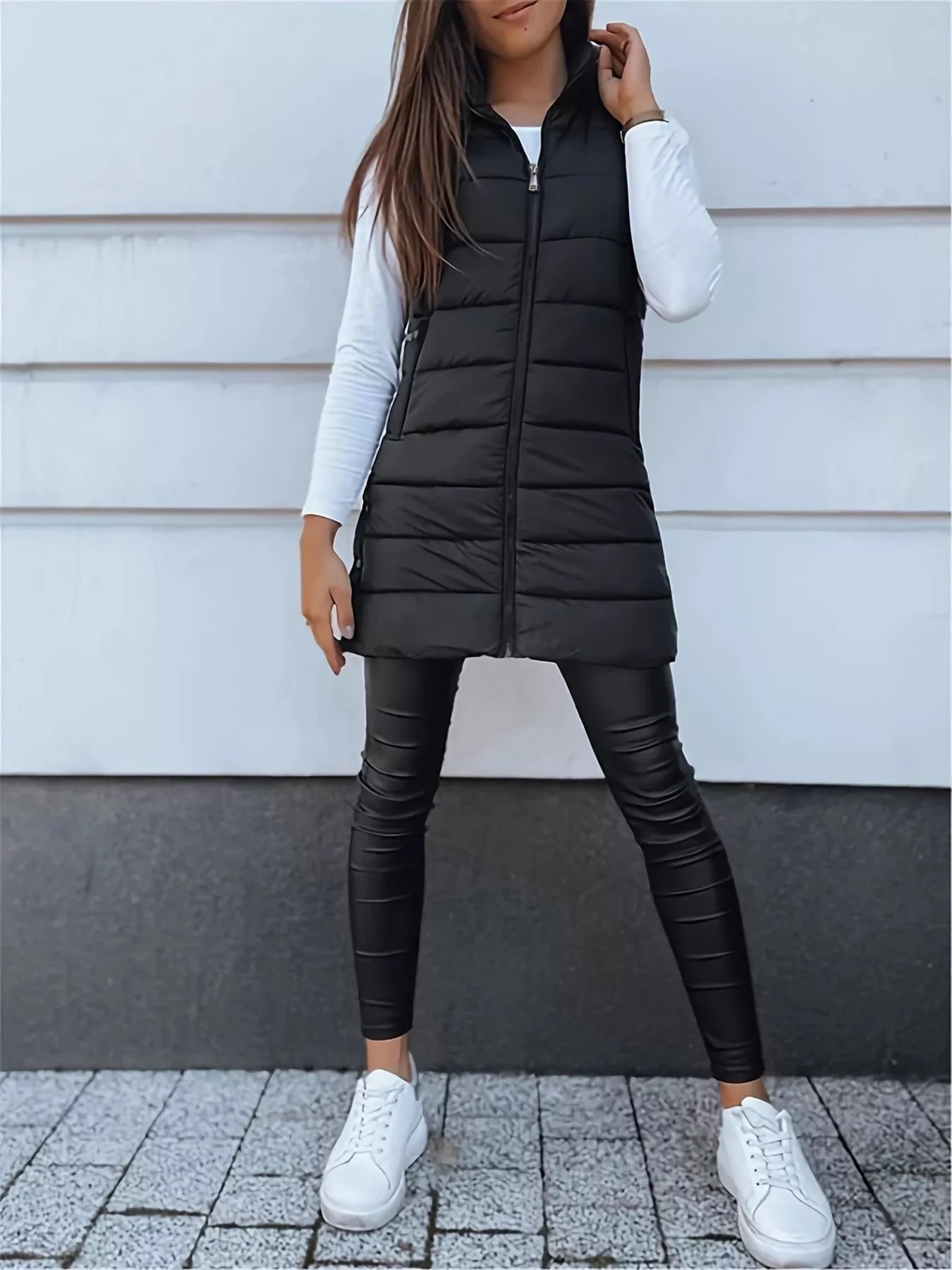 Zip Up Longline Hooded Puffer Vest