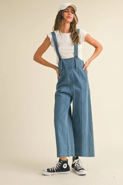 Relaxed Wide-Leg Suspender Overalls Denim