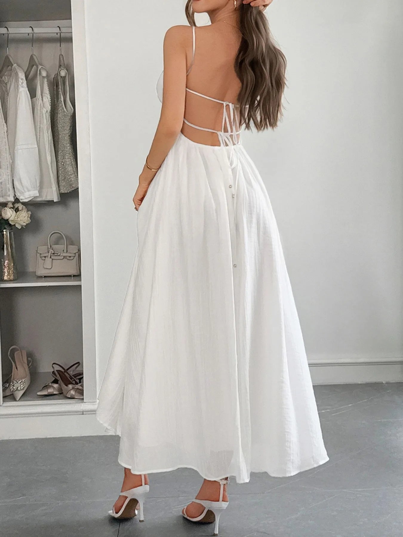 Texture Sweetheart Neck Backless Spaghetti Strap Maxi Dress - Maxi Dresses