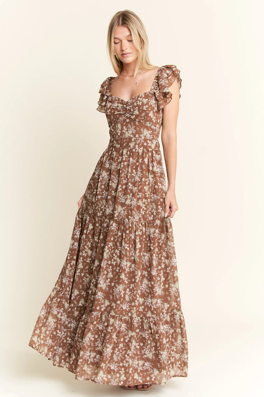 Ruffle Sleeve Tiered Maxi Dress in Mocha – outfit idea for women | Ro + Ivy
