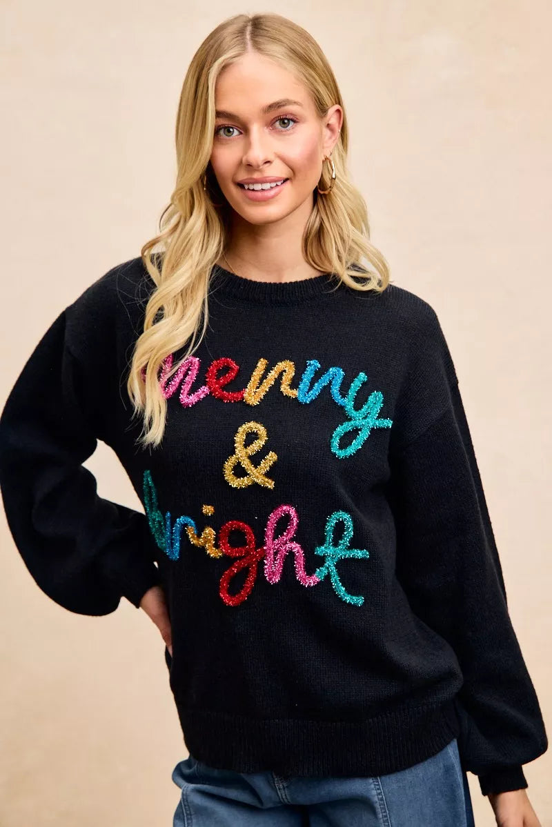 "Merry & Bright" Lettering Christmas Sweater | Trendy Sweaters Outfit Idea for Women by Ro + Ivy | Elevated Basics, Modern Comfort & Style