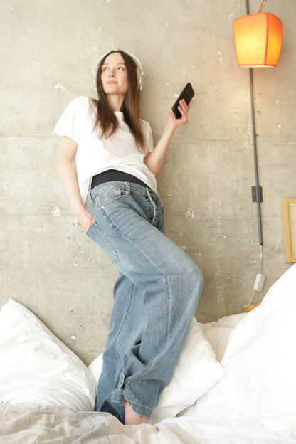 Adjustable Hem Knit Band Wide Leg Jeans - DENIM (NEW)