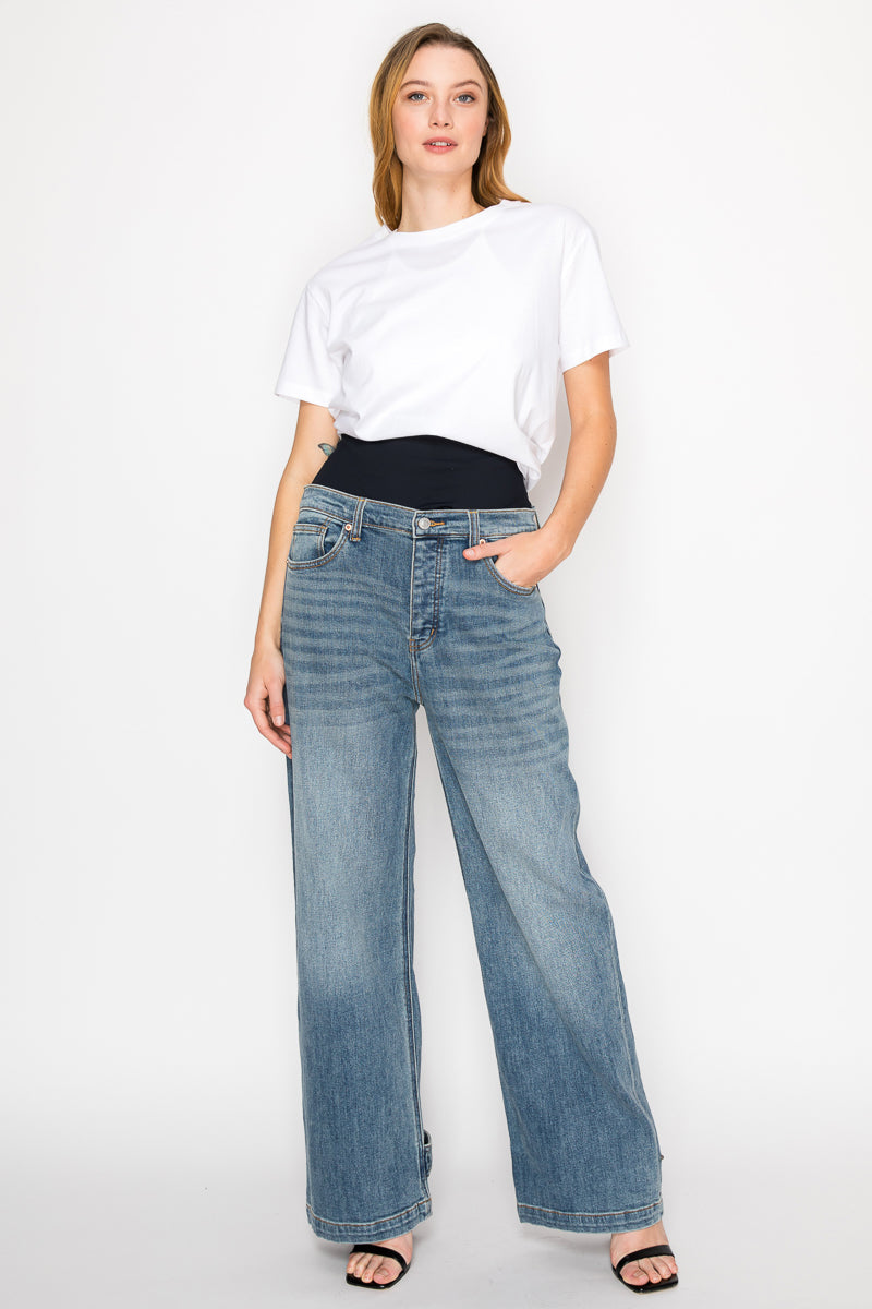 Adjustable Hem Knit Band Wide Leg Jeans - DENIM (NEW)