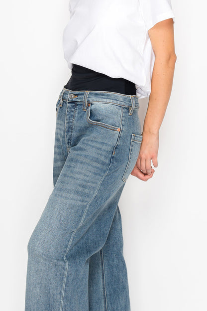 Adjustable Hem Knit Band Wide Leg Jeans - DENIM (NEW)