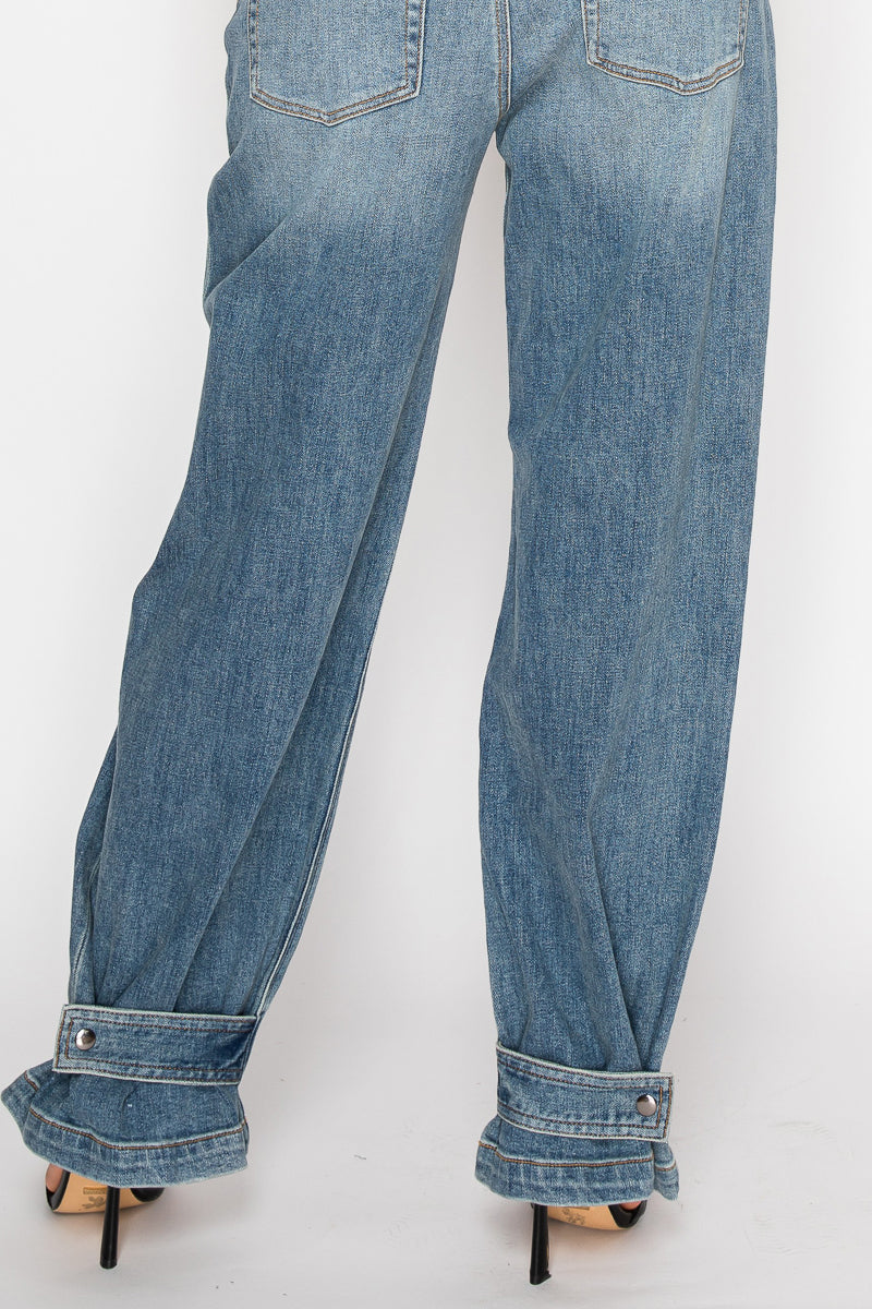 Adjustable Hem Knit Band Wide Leg Jeans - DENIM (NEW)