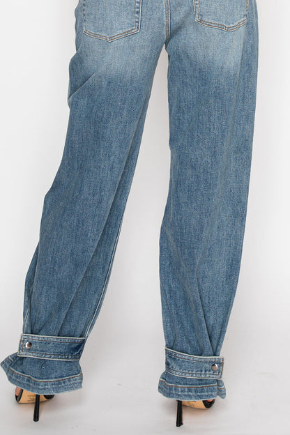 Adjustable Hem Knit Band Wide Leg Jeans - DENIM (NEW)