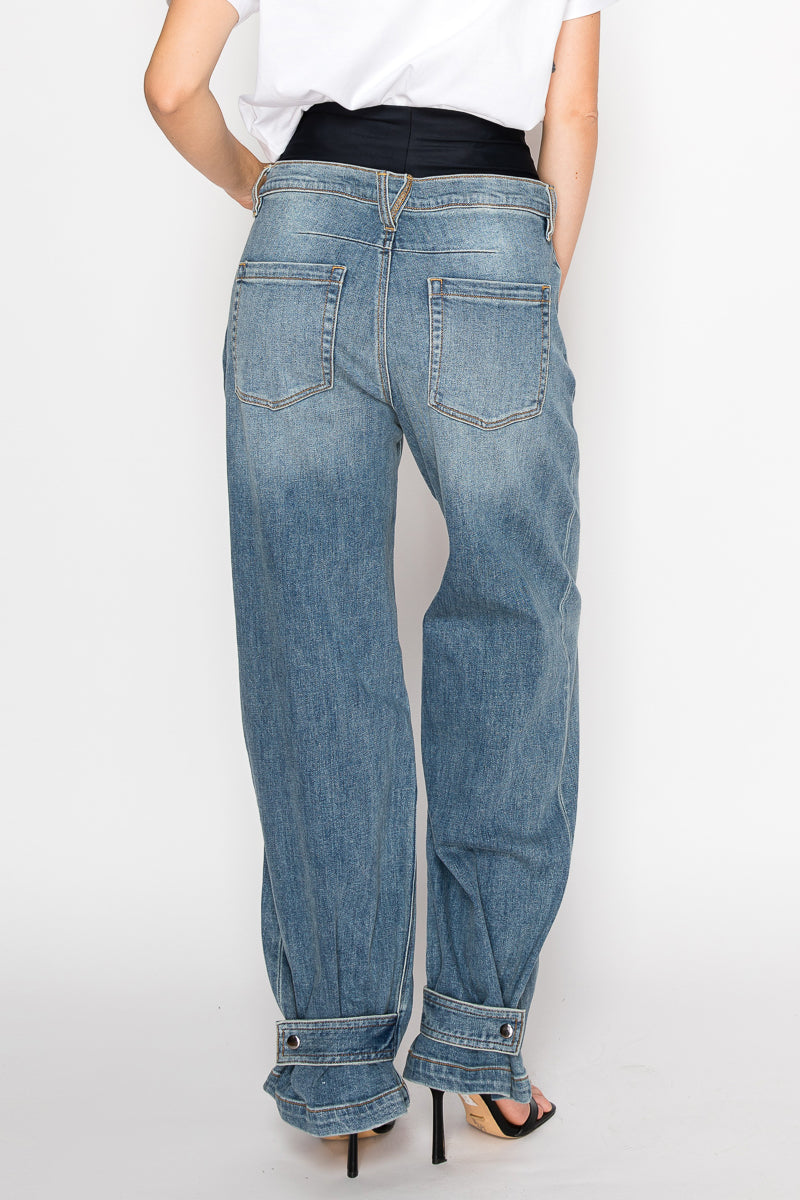 Adjustable Hem Knit Band Wide Leg Jeans - DENIM (NEW)