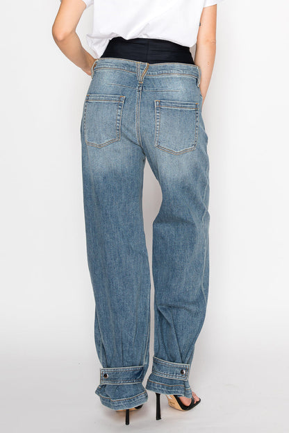 Adjustable Hem Knit Band Wide Leg Jeans - DENIM (NEW)