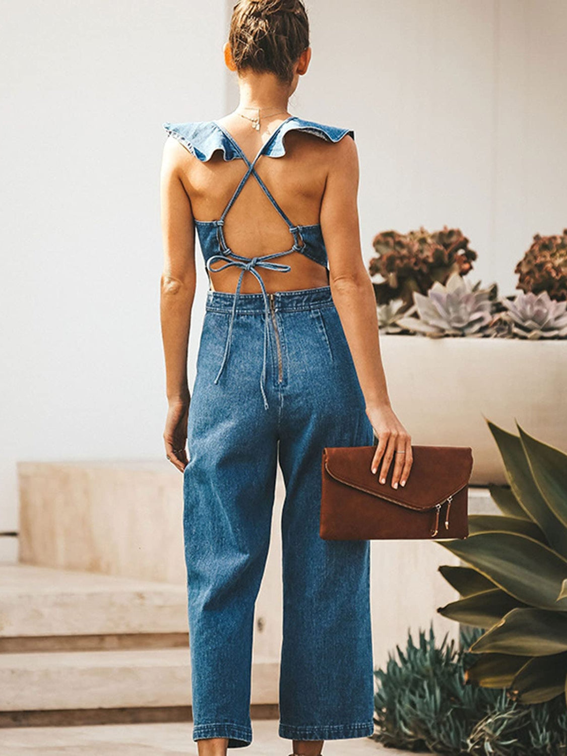 Women's Ruffled Sleeveless Denim Jumpsuit - Jumpsuits