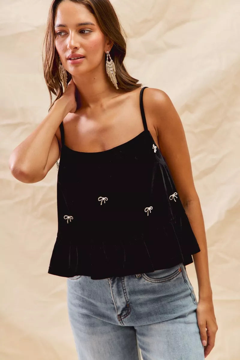 Rhinestone Ribbon Velvet Blend Spaghetti Strap Top | Trendy Tops Outfit Idea for Women by Ro + Ivy | Elevated Basics, Modern Comfort & Style