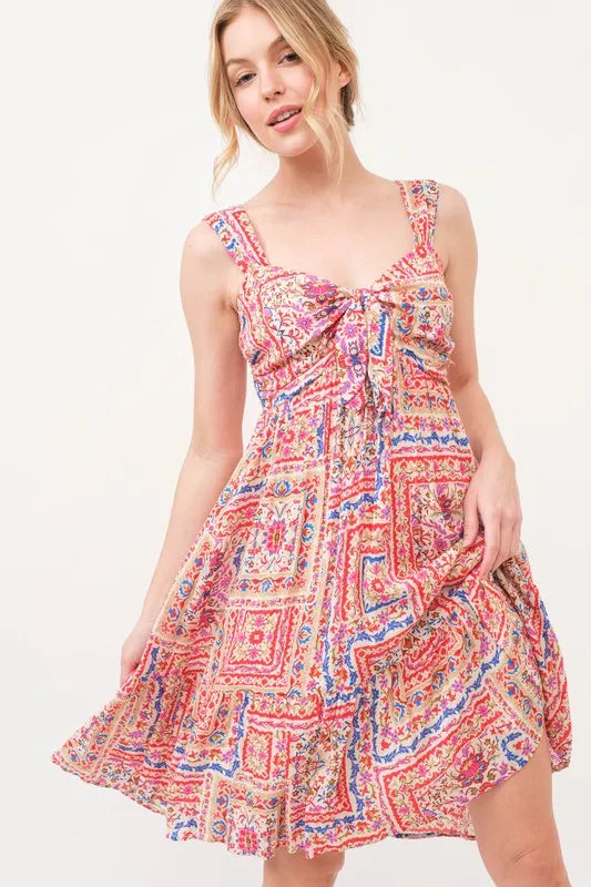 Tied Front Smocked Back Tiered Boho Mini Dress – outfit idea for women | Ro + Ivy