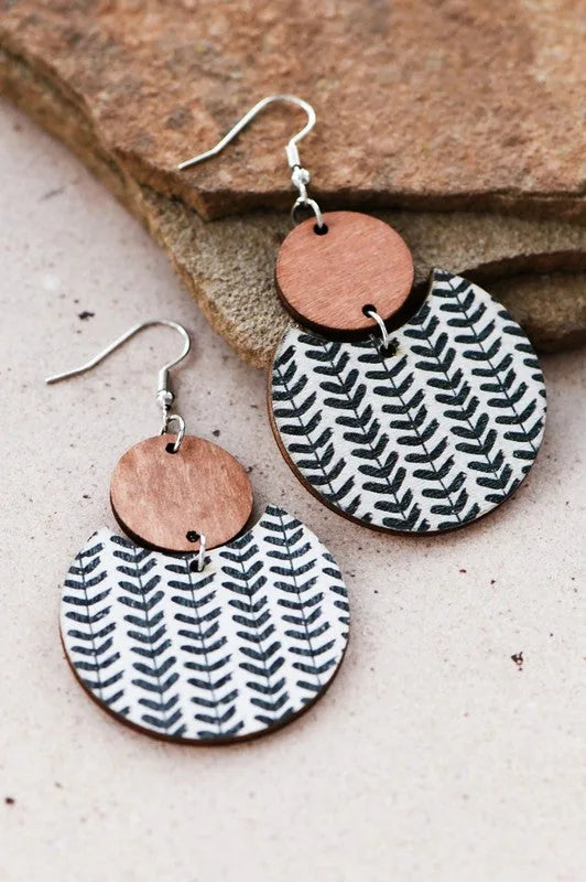 Boho Wood & Leaf Pattern Natural Drop Dangle Earrings — Statement Everyday Jewelry - Earrings