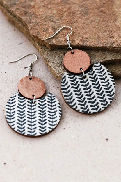 Boho Wood & Leaf Pattern Natural Drop Dangle Earrings — Statement Everyday Jewelry - Wood Onesize Earrings