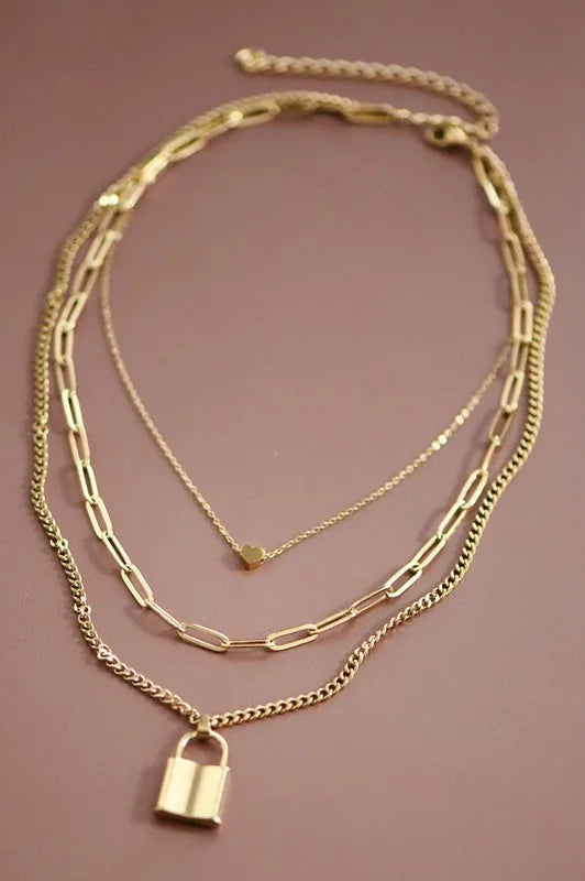 Gold Chain Link Lock & Heart Layered Necklace Set — Bold Statement Everyday Jewelry - Necklaces