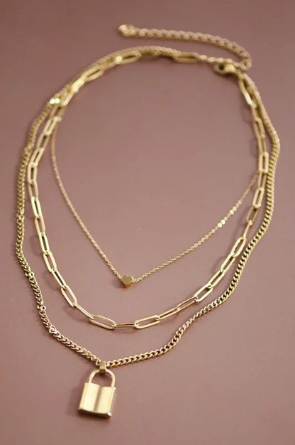 Gold Chain Link Lock & Heart Layered Necklace Set — Bold Statement Everyday Jewelry - Necklaces