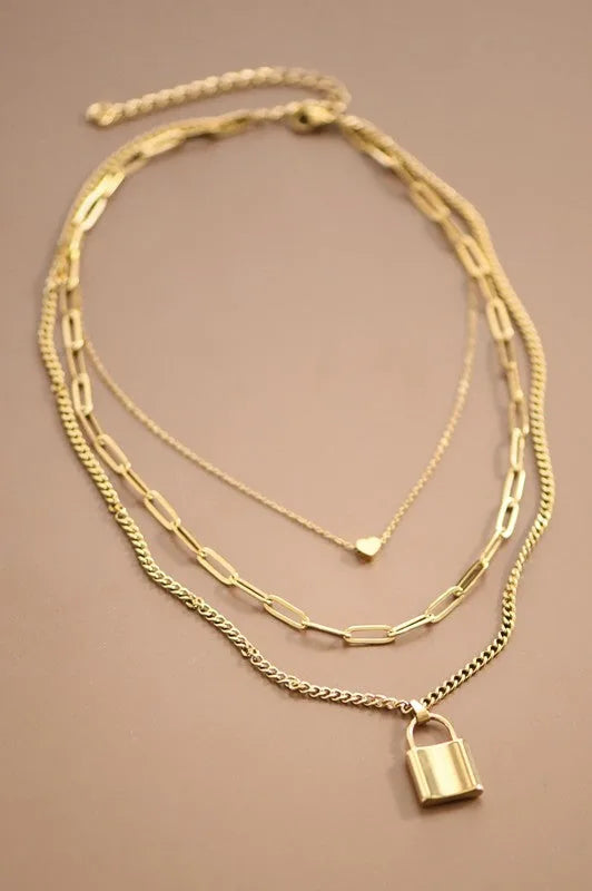 Gold Chain Link Lock & Heart Layered Necklace Set — Bold Statement Everyday Jewelry - Gold Onesize Necklaces