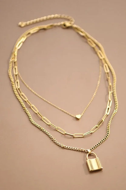 Gold Chain Link Lock & Heart Layered Necklace Set — Bold Statement Everyday Jewelry - Gold Onesize Necklaces