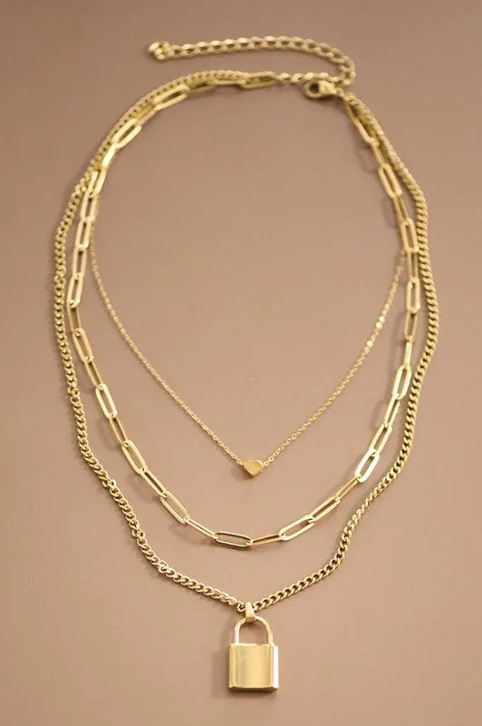 Gold Chain Link Lock & Heart Layered Necklace Set — Bold Statement Everyday Jewelry - Necklaces