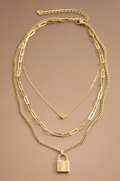 Gold Chain Link Lock & Heart Layered Necklace Set — Bold Statement Everyday Jewelry - Necklaces