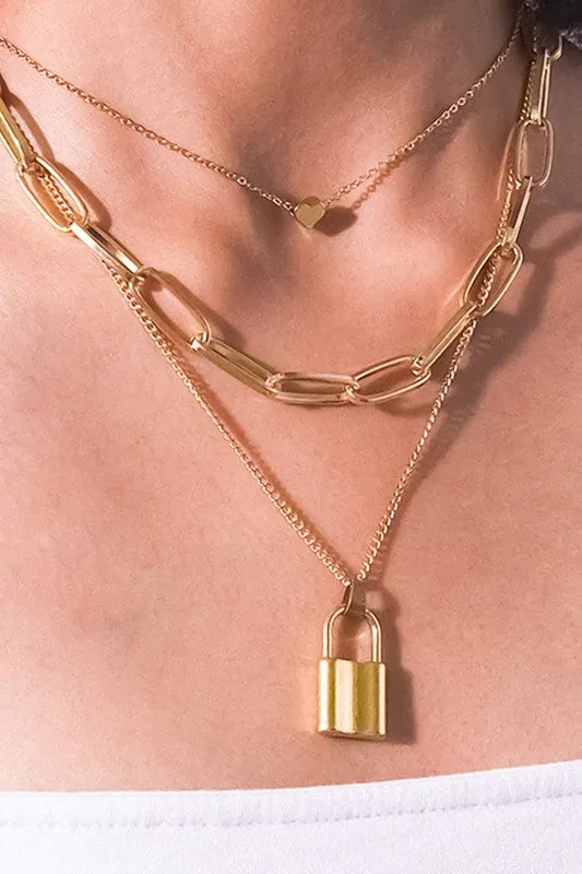 Gold Chain Link Lock & Heart Layered Necklace Set — Bold Statement Everyday Jewelry - Necklaces