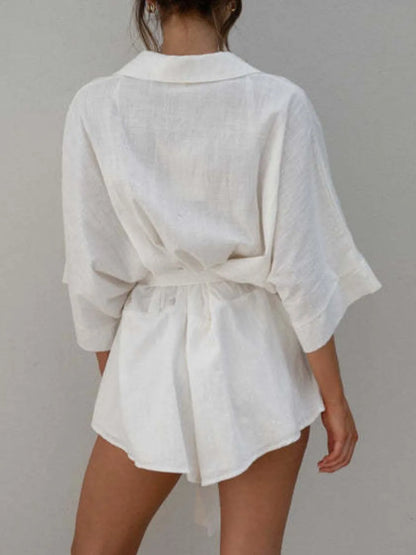 Button Up Collard Neck Half Sleeve Romper with Tie Front - Rompers