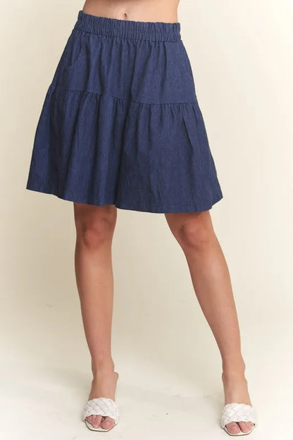 Elastic Waist Wide Leg Denim Shorts – Dark Navy outfit idea for women | Ro + Ivy