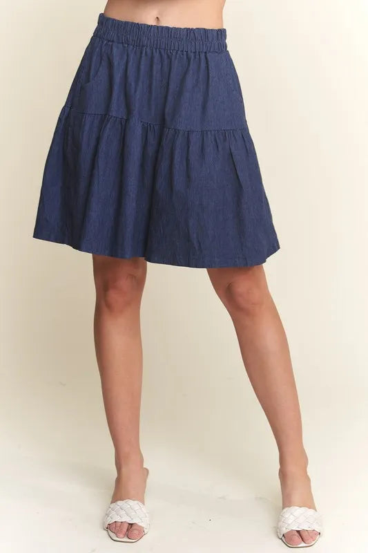 Elastic Waist Wide Leg Denim Shorts – Dark Navy outfit idea for women | Ro + Ivy