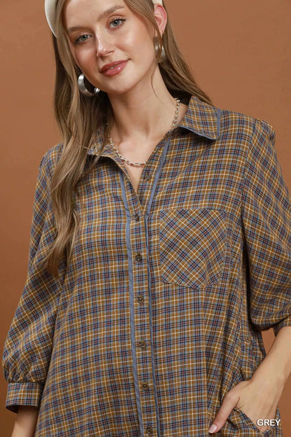 Women's Plaid Button Down Oversized Shirt Mini Dress - Mini Dresses