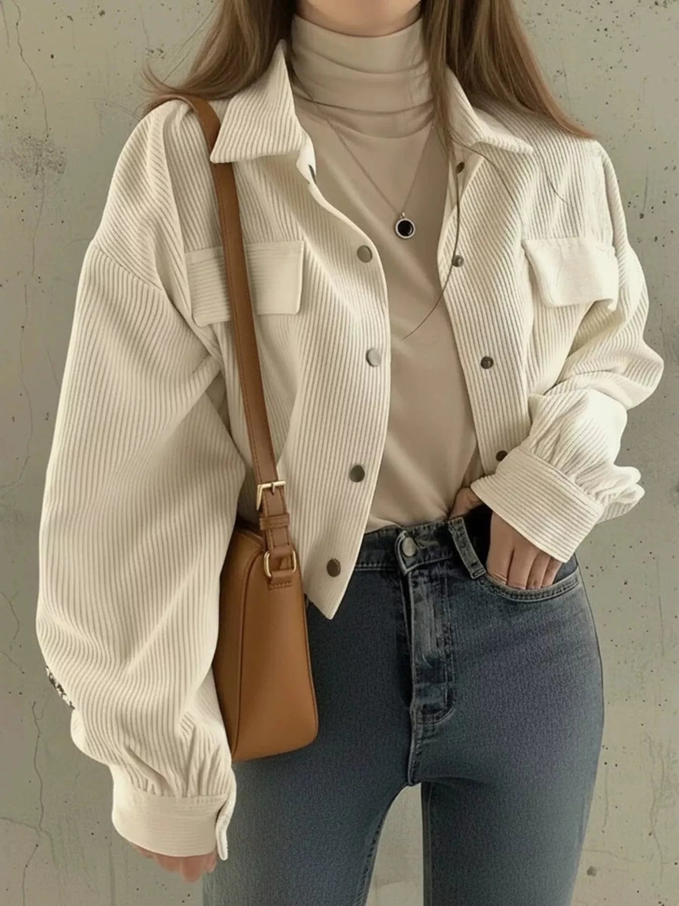 Corduroy Snap Button Cropped Jacket Apricot
