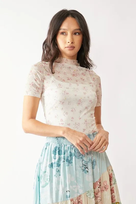Floral Mesh Mock Neck Short Sleeve Top – INDIAN PINK outfit idea for women | Ro + Ivy