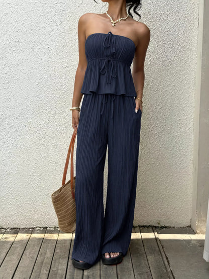 Women's Textured Tube Top and Flowy Wide Leg Pants Set - Matching Sets