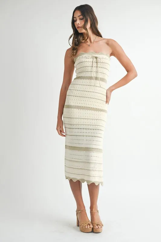 Contrast Striped Crochet Knit Midi Dress — Intricate Textured Flattering Everyday Style - LT TAUPE Midi Dresses