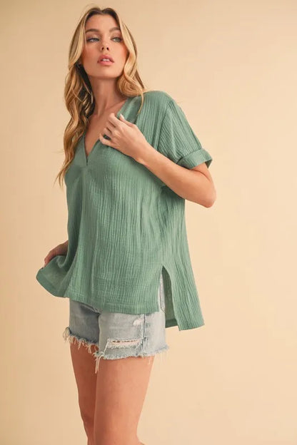 V-Neck Side Slit Short Sleeve Blouse | Trendy Blouses Outfit Idea for Women by Ro + Ivy | Elevated Basics, Modern Comfort & Style