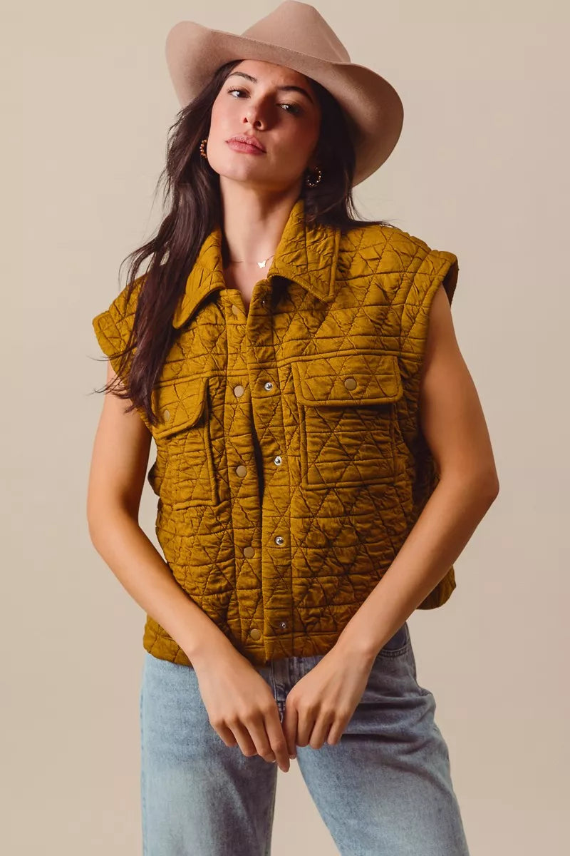KHAKI Quilt Stitch Button Up Short Sleeve Knit Vest | Trendy Vests Outfit Idea for Women by Ro + Ivy | Elevated Basics, Modern Comfort & Style